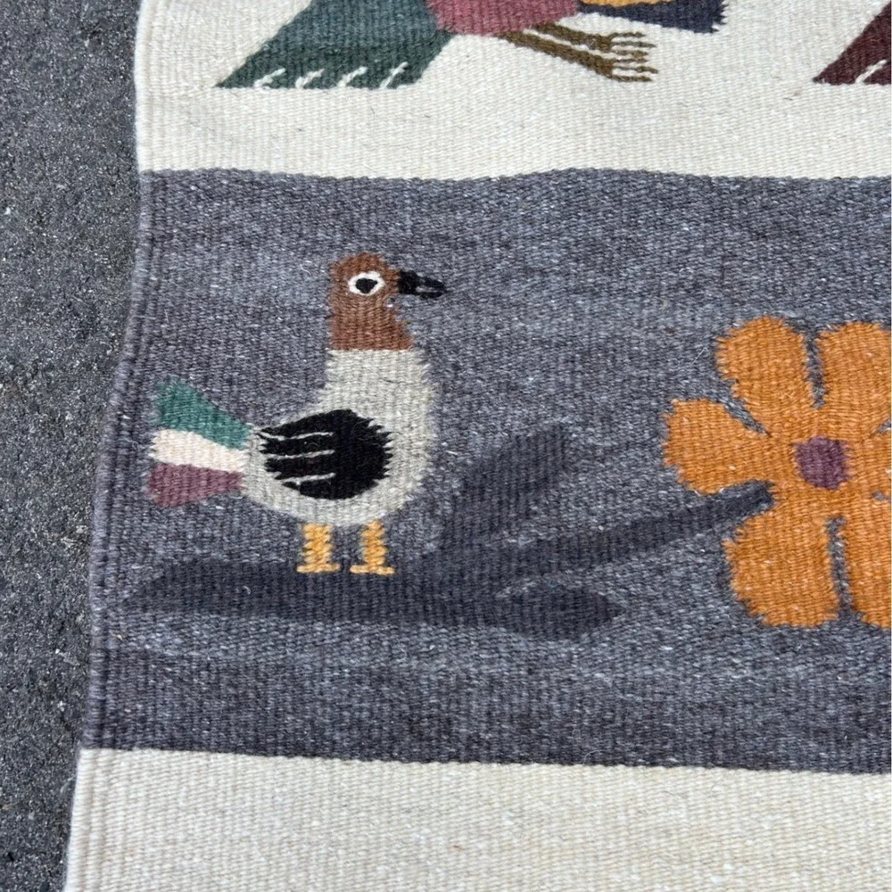 Vintage Handwoven Wool Bird Folk Art Wall Hanging Tapestry with Dowels 15x28